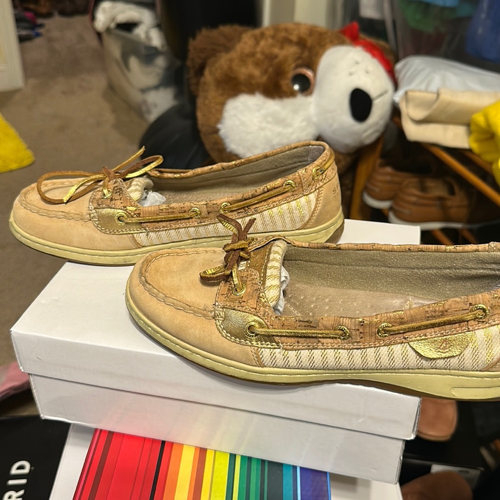 Brand new Sperry top-siders loafers, gold trim designs and string holes